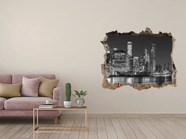 3D wall hole New York skyline at night
