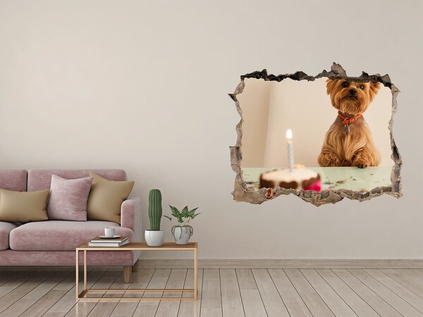 Hole wall sticker Birthday dog with cake