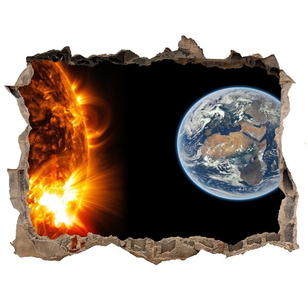 3D wall hole wallpaper Cosmic view of the Earth and the Sun