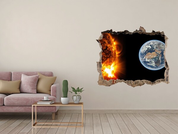 3D wall hole wallpaper Cosmic view of the Earth and the Sun
