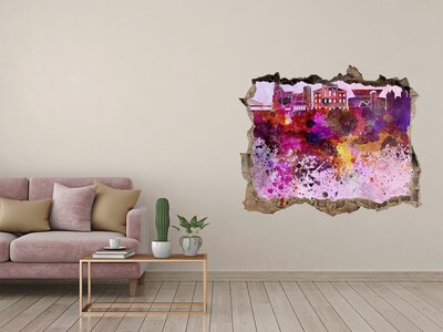 3D wall hole wallpaper Colorful view of the city