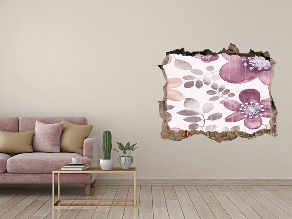 3D wall hole wallpaper Floral motif on a pink background