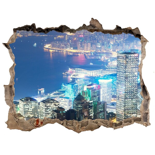 3D wall hole wallpaper View of the city at night