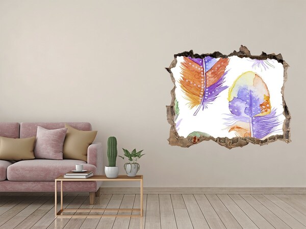 3D wall hole wallpaper Colorful feathers on the wall background