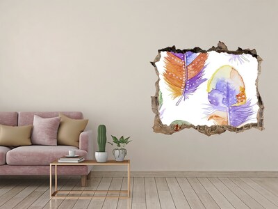 3D wall hole wallpaper Colorful feathers on the wall background