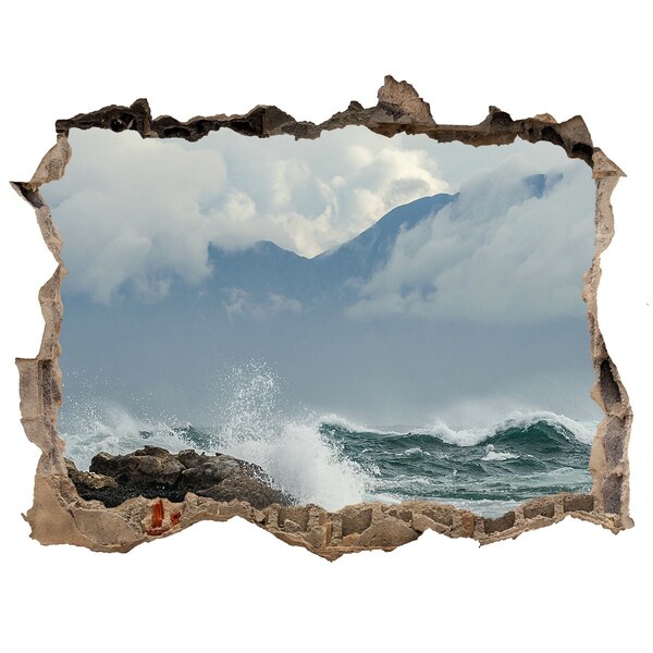 3D wall hole wallpaper Stormy Sea with Mountain Background