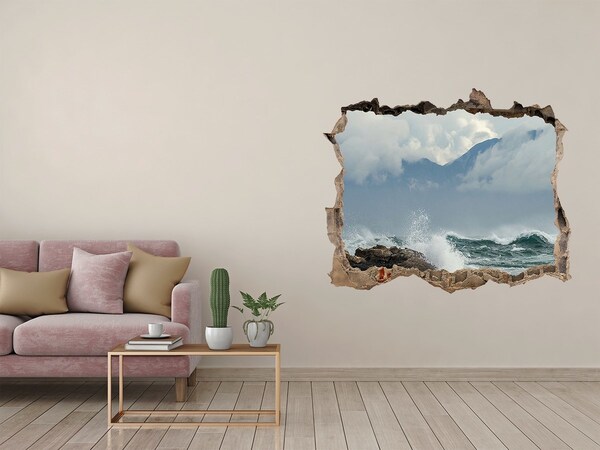 3D wall hole wallpaper Stormy Sea with Mountain Background