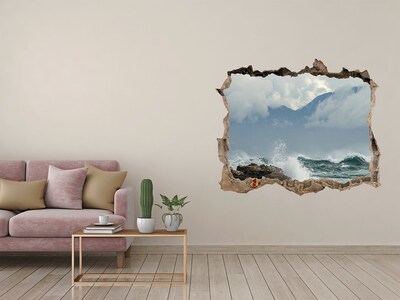 3D wall hole wallpaper Stormy Sea with Mountain Background