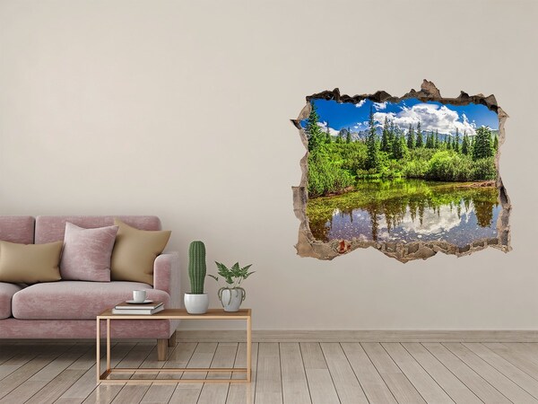 3D wall hole wallpaper A green paradise by the pond