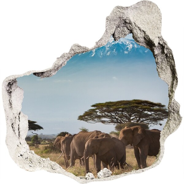 3D wall hole African savannah with elephants