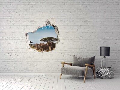 3D wall hole African savannah with elephants