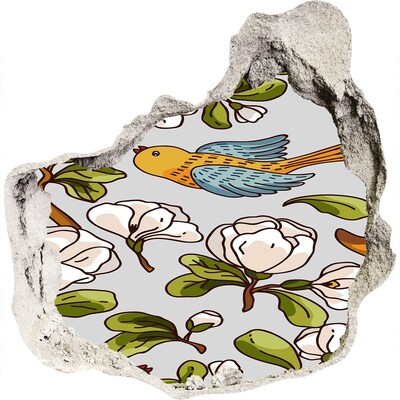3D wall hole wallpaper Flower paradise with a bird