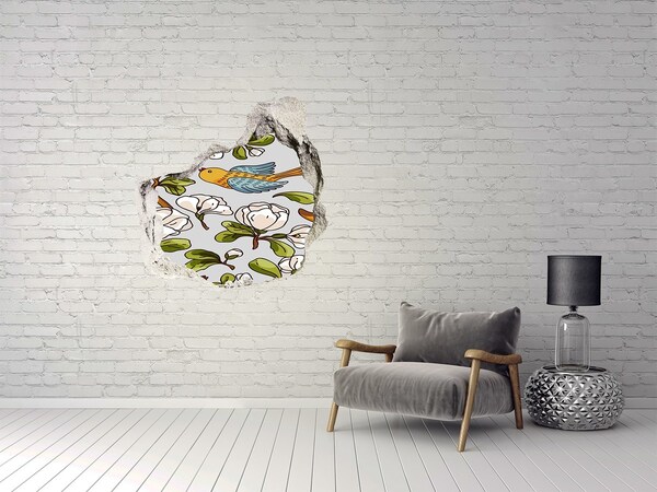 3D wall hole wallpaper Flower paradise with a bird