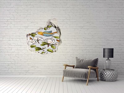 3D wall hole wallpaper Flower paradise with a bird