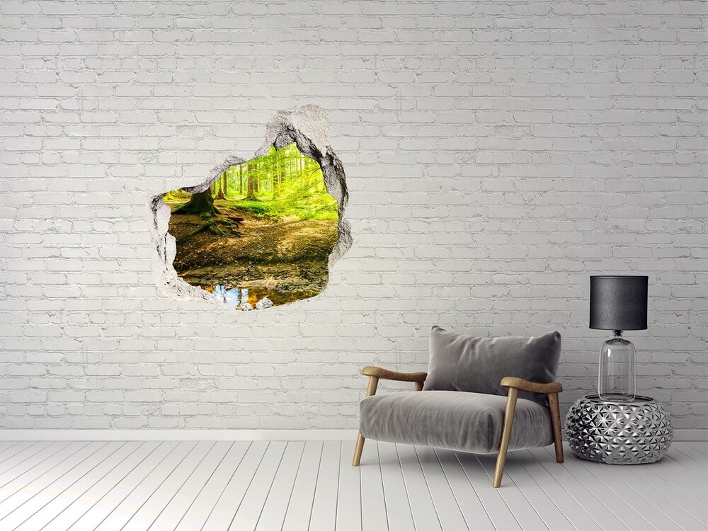 3D wall hole wallpaper Rays of the sun forest