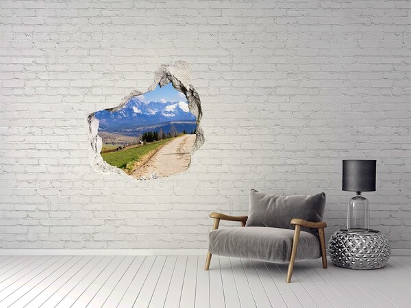 3D wall hole wallpaper Mountain landscape behind the hole in the wall