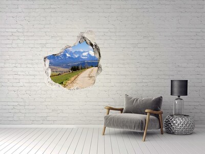 3D wall hole wallpaper Mountain landscape behind the hole in the wall