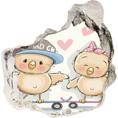 3D wall hole wallpaper Cute birds on a skateboard