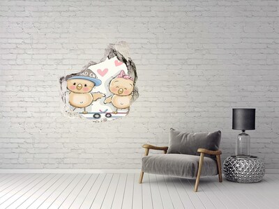 3D wall hole wallpaper Cute birds on a skateboard