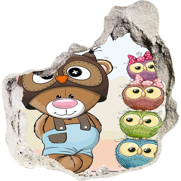 3D wall hole wallpaper Bear and owls