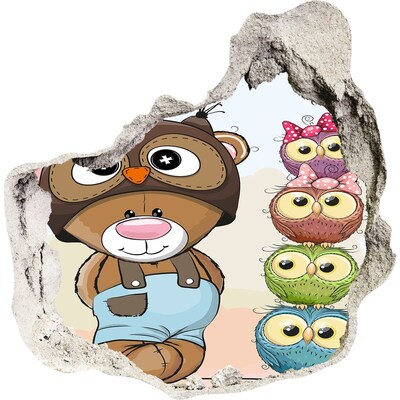 3D wall hole wallpaper Bear and owls