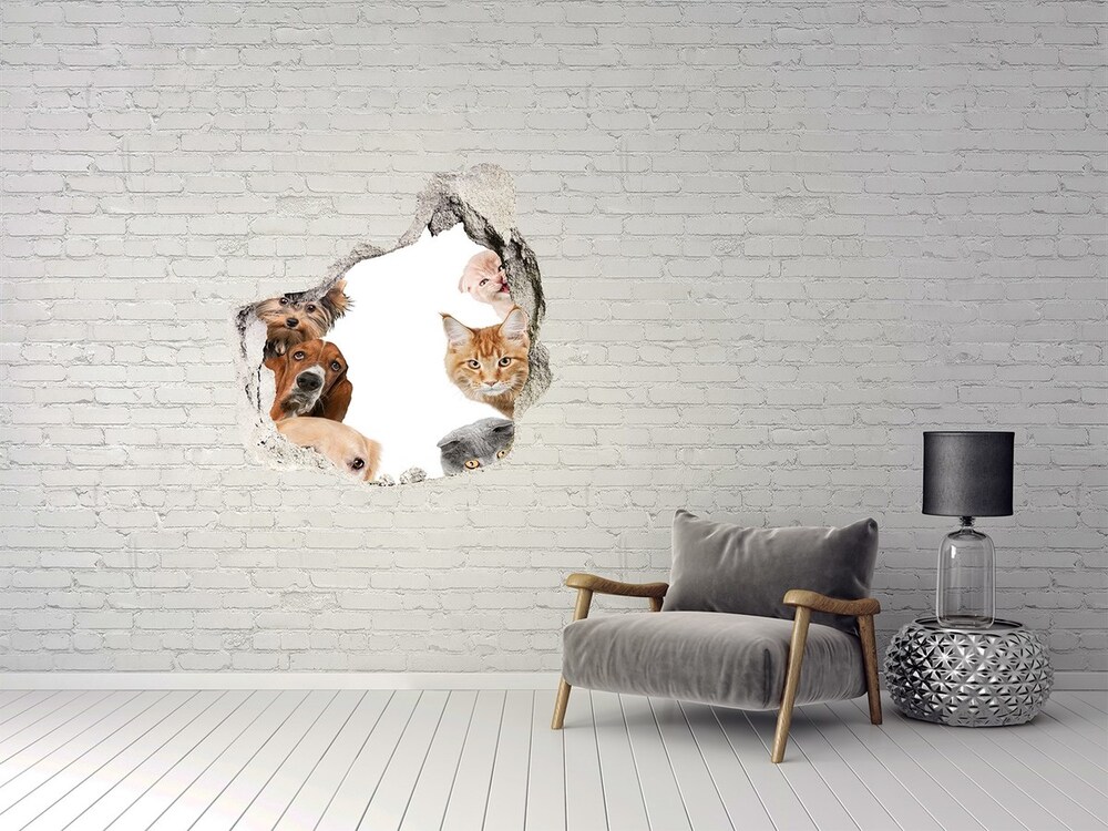 3D wall hole wallpaper Dogs and cats