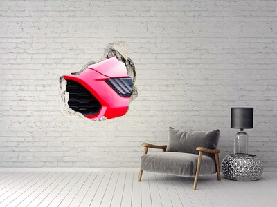 3D wall hole Red sports car through a hole in the wall