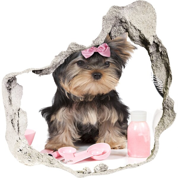 Hole wall sticker A sweet Yorkshire Terrier with a pink bow