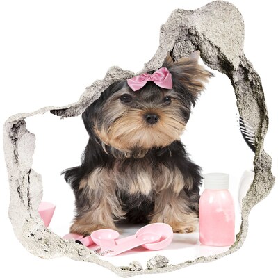 Hole wall sticker A sweet Yorkshire Terrier with a pink bow