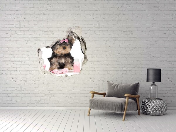 Hole wall sticker A sweet Yorkshire Terrier with a pink bow