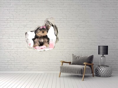 Hole wall sticker A sweet Yorkshire Terrier with a pink bow