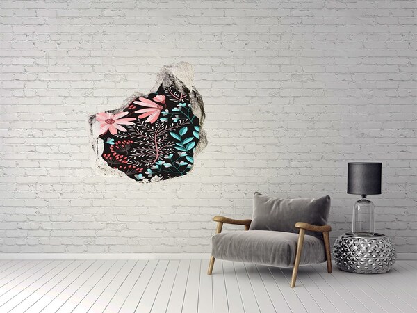 Hole in the wall sticker Floral pattern on a black background
