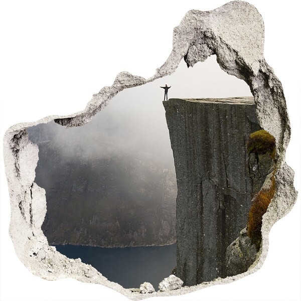 3D wall hole wallpaper View from the cliff above the fjord