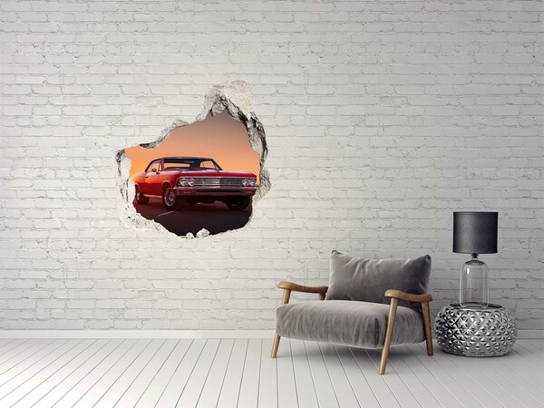 Hole wall sticker Classic car against the backdrop of a sunset