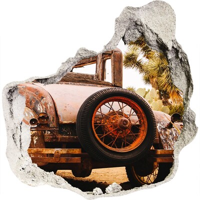 Hole wall sticker Rusty car in a desert landscape