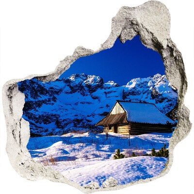 3D wall hole Winter cottage in the mountains