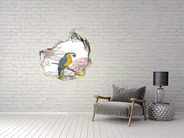 3D wall hole wallpaper A parrot surrounded by flowers