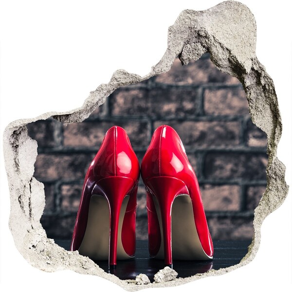 3D wall hole wallpaper Red high heels against a brick wall