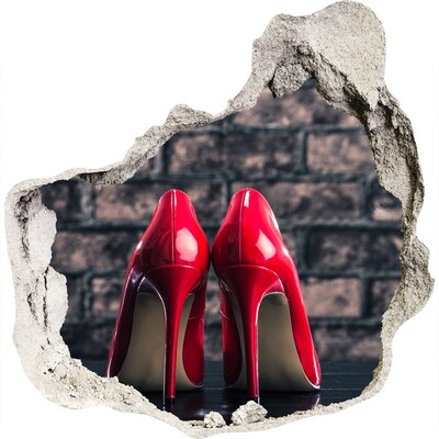 3D wall hole wallpaper Red high heels against a brick wall
