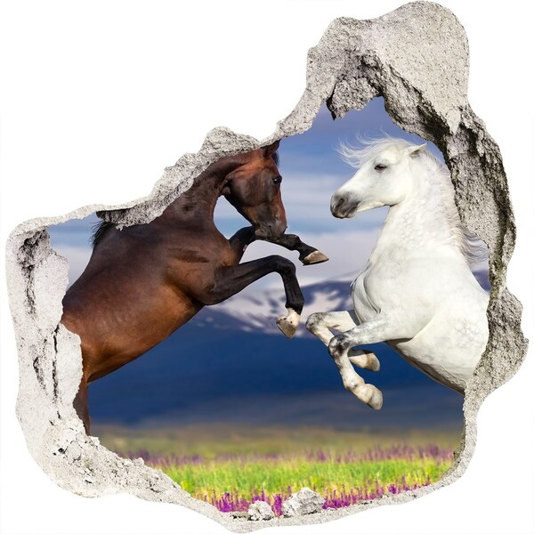 3D wall hole Fighting horses mountains