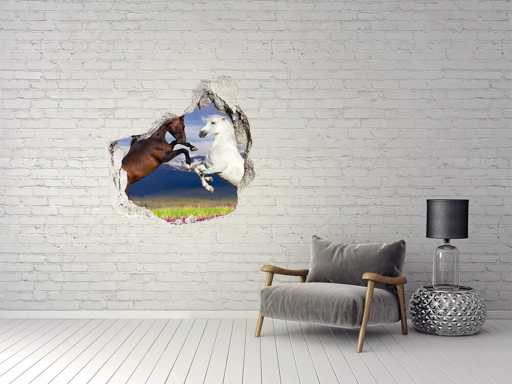 3D wall hole Fighting horses mountains