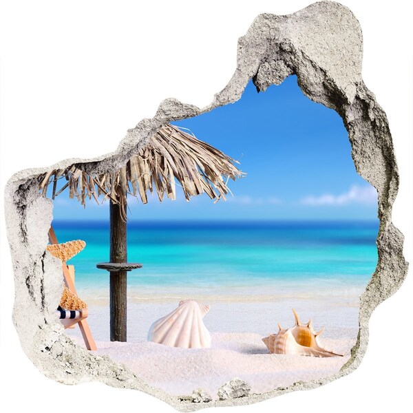3D wall hole wallpaper Caribbean beach with shells