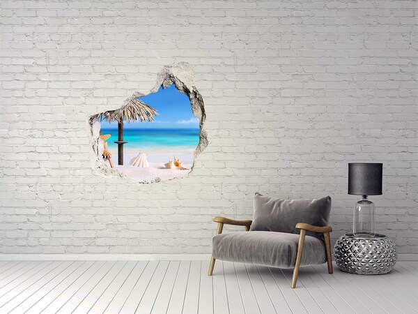 3D wall hole wallpaper Caribbean beach with shells