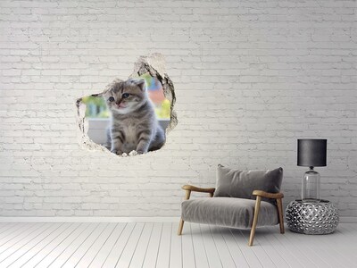 3D wall hole wallpaper Kitten in a hole in the wall