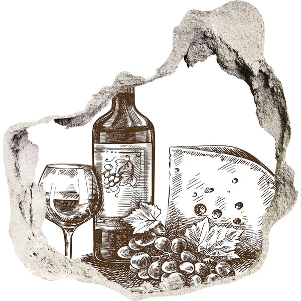 3D wall hole Wine and cheese against the backdrop of a damaged wall
