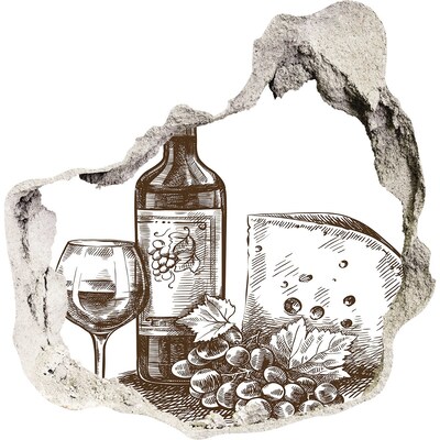 3D wall hole Wine and cheese against the backdrop of a damaged wall