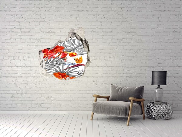 3D wall hole wallpaper Flamingos and flowers