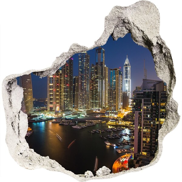 3D wall hole wallpaper View of the modern city at night