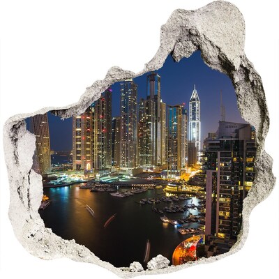 3D wall hole wallpaper View of the modern city at night