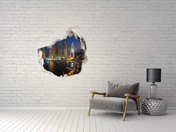 3D wall hole wallpaper View of the modern city at night
